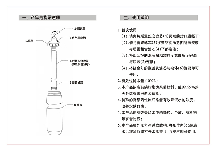 運(yùn)動(dòng)型便攜式戶外凈水壺結(jié)構(gòu)圖及使用說明